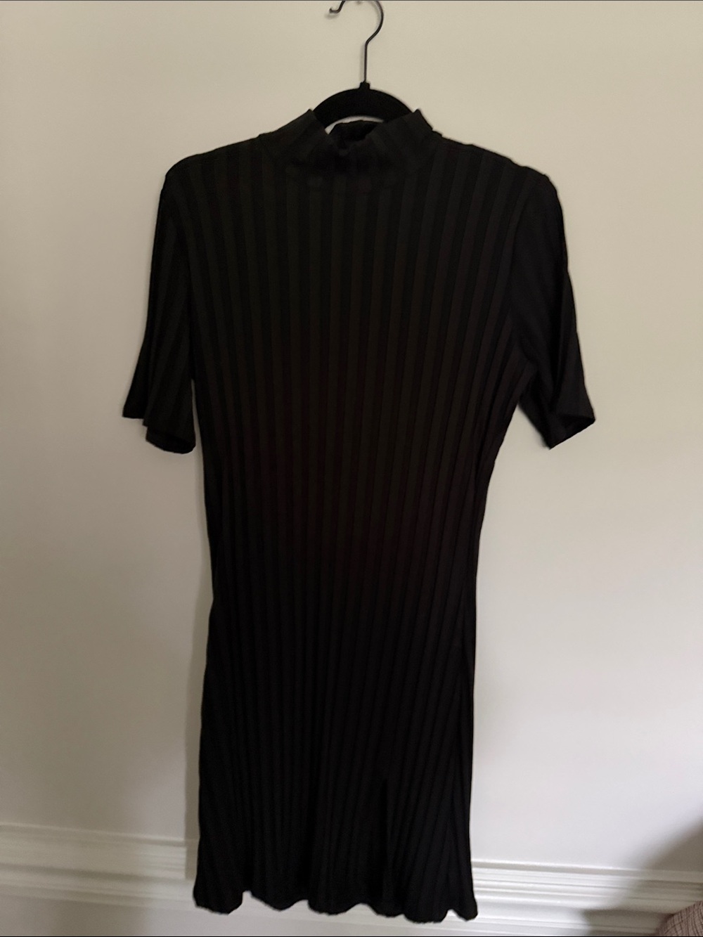 Reformation Black Ribbed Short-Sleeve Mock-Neck Mini Dress